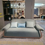 Light Green Velvet Sofa Set with Natural Wood Veneer & Polished Stainless Steel Legs